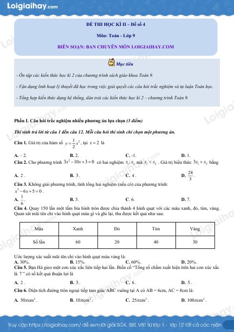 Đề thi học kì 2 Toán 9 - Đề số 4